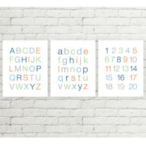 Boys Alphabet and Numbers Printable Art, Kids ABC Poster, Blue Orange Green