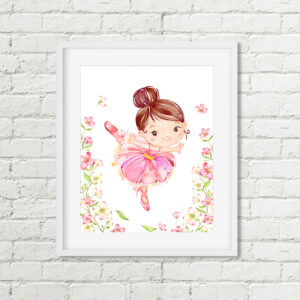Ballerina Printable Art, Brown Hair Ballet Dancer, Floral Watercolor Download