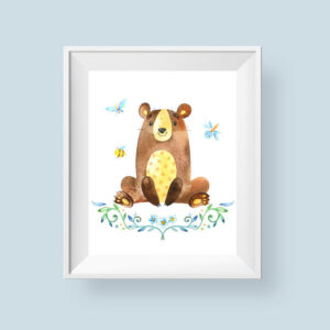 Woodland Bear Printable Nursery Art, Bee Butterfly Watercolor Floral