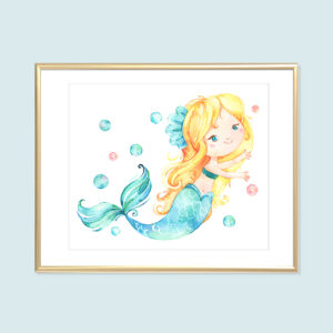Mermaid Printable Art, Blonde Mermaid Aqua Yellow Watercolor Kids Bathroom Art