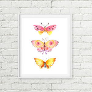 Butterfly Printable Wall Art, Pink Yellow Watercolor Butterflies Girls Nursery Decor