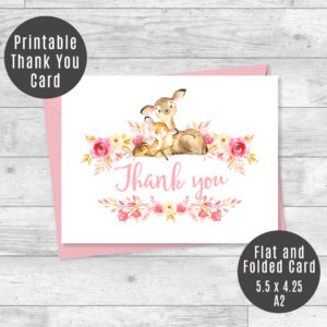 Deer Printable Thank You Card, Baby Shower Woodland Floral Card