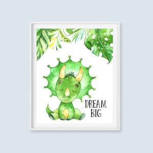 Dinosaur Dream Big Printable Art, Triceratops Dino Watercolor Download