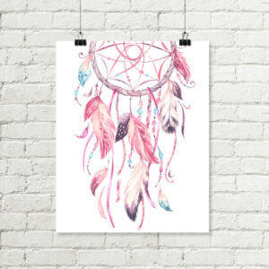 Pink Dreamcatcher Printable Art, Girls Feather Tribal Nursery Art