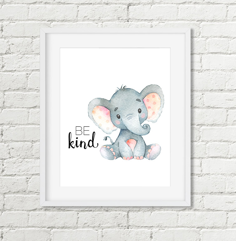 Elephant Safari Nursery Art, Be Kind Printable Wall Art