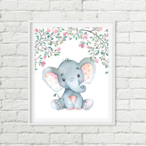 Baby Elephant Printable Art, Safari Delicate Floral Blush Pink Green Download