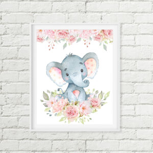 Elephant Nursery Art, Pink Flowers Safari Animal Printable Art, Baby Shower Gift