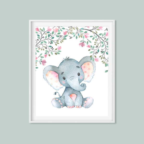 Baby Elephant Printable Art, Safari Delicate Floral