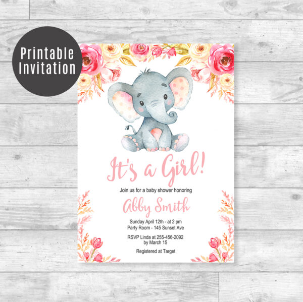 Elephant Baby Shower Invitation - It's a Girl