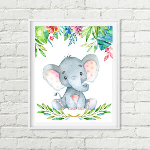 Elephant Printable Nursery Art, Safari Jungle Leaves Digital Print