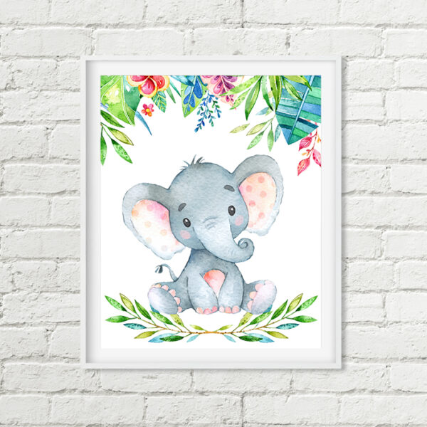 Elephant Printable Nursery Art, Safari Jungle Leaves