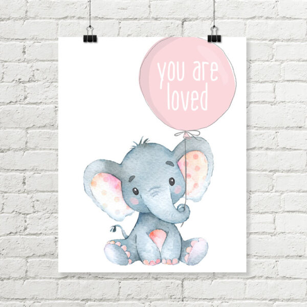Elephant Printable Art, You Are Loved Pink Balloon