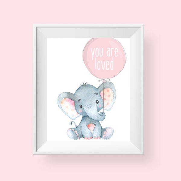 Elephant Printable Art, You Are Loved Pink Balloon