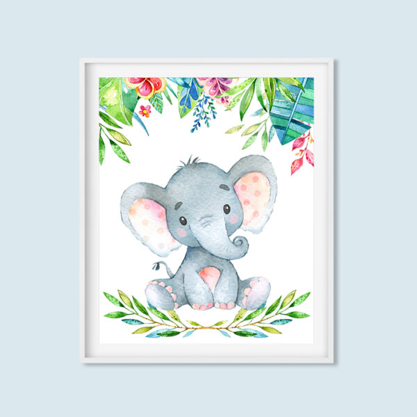 Elephant Printable Nursery Art, Safari Jungle Leaves