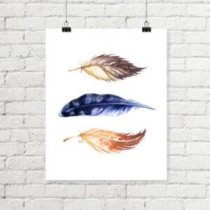 Watercolor Feathers Printable Art, Brown and Blue Tribal Art Download