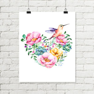 Floral Watercolor Heart Printable Art, Flowers Hummingbird Pink Yellow Green
