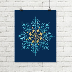 Snowflake Printable Art, Holiday Print Blue Gold Glitter Winter Download