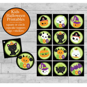 Printable Halloween Tags, Pumpkin Bat Ghost Stickers, Cupcake Toppers