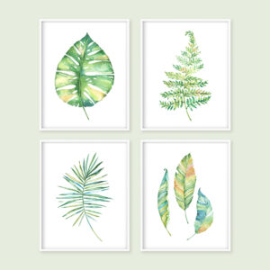 Botanical Leaf Printable Art, Set of Four Green Woodland Fern Nature Watercolor