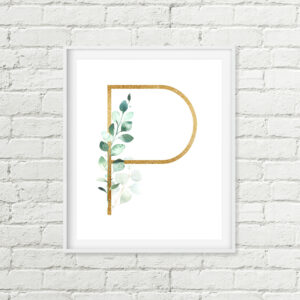 Eucalyptus Leaf Monogram Printable Wall Art, Gold Letter Housewarming Gift
