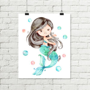 Mermaid Printable Art Black Hair, Girls Aqua Pink Watercolor Bathroom Art