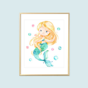Blonde Mermaid Printable Art, Aqua Yellow Watercolor Kids Bathroom Art