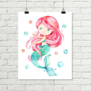 Mermaid Printable Art Pink Hair, Girls Aqua Pink Watercolor Room Decor