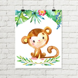 Monkey Nursery Printable Art, Jungle Safari Leaves Download