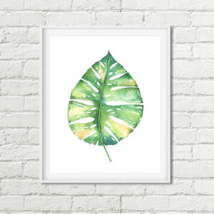 Monstera Leaf Printable Art, Botanical Green Leaf Watercolor Nature Decor