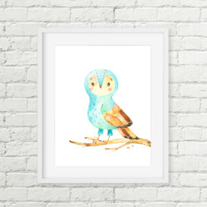 Whimsical Owl Printable Nursery Art, Aqua Watercolor Woodland Animal