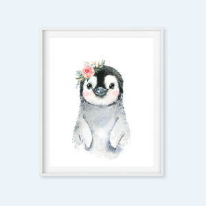 Penguin Nursery Art, Arctic Animal Pink Flower Printable Download