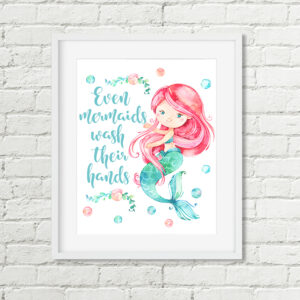 Even Mermaids Wash Their Hands Printable Bathroom Rules Art Pink Hair