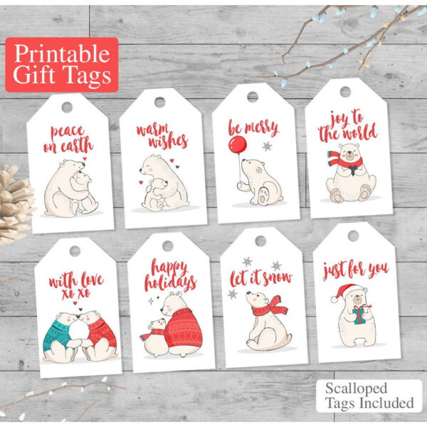 Printable Holiday Gift Tags Polar Bears Set of 8