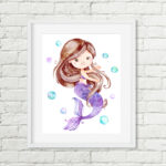 Mermaid Printable Art Brown Hair, Purple Aqua Girls Watercolor Nursery Art | justprintablesxoxo
