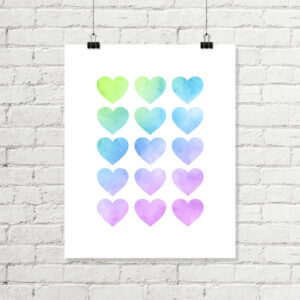 Watercolor Rainbow Hearts Printable Art, Green Blue Pink Nursery Download
