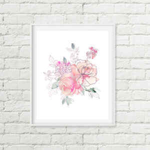 Rose Floral Printable Art, Blush Pink Flowers Sketched Leaves, Floral Nursery