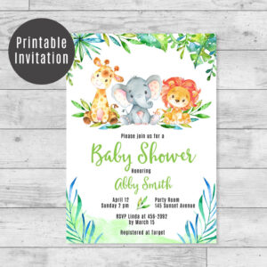 Safari Baby Shower Invitation Giraffe, Elephant, Lion Animals Printable Invite