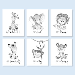 Safari Animals Printable Nursery Art, Grey Tone Jungle Animals, Baby Shower Gift