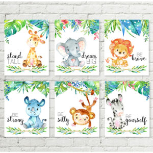 Safari Jungle Printable Nursery Art with Sayings, Baby Shower Gift Set of 6