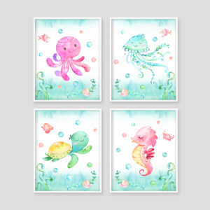 Kids Seashore Printable Art, Mermaid Aqua Pink Bathroom Art