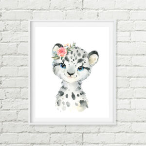 Snow Leopard Printable Nursery Art, Pink Flower Arctic Animal Baby Shower Gift