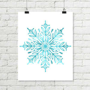 Snowflake Printable Art Aqua Blue Watercolor, Teal Blue Digital Download