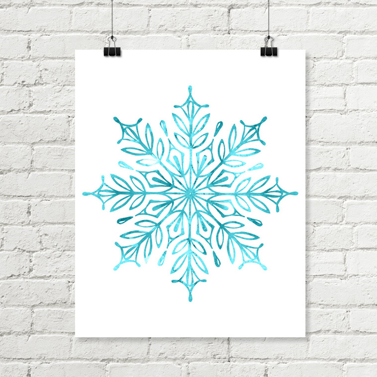 Snowflake Printable Art Aqua Blue Watercolor