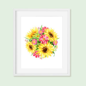 Sunflower Printable Art, Sunny Yellow & Pink Floral Bouquet Download