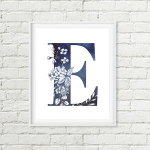 Floral Monogram Printable Art, Blue Watercolor Letter Botanical Initial