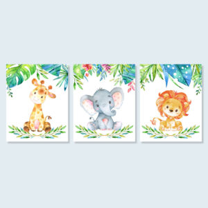 Safari Printable Nursery Art, Jungle Giraffe Elephant Lion Baby Shower Gift