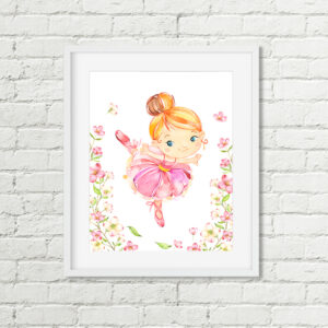 Blonde Ballerina Printable Wall Art, Ballet Dancer Girls Pink Floral Watercolor