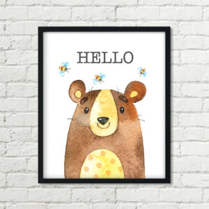 Bear Printable Art, Hello Woodland Animal Kids Art, Bear Bee Download