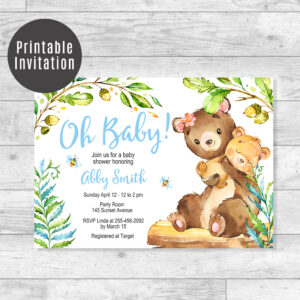 Woodland Bear Baby Shower Invitation, Mom & Baby Bear Printable Invite