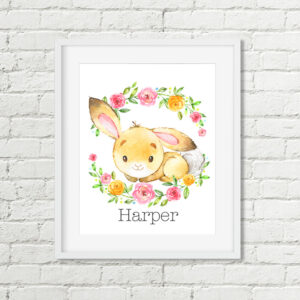 Custom Name Bunny Printable Art, Personalized Woodland Floral Watercolor